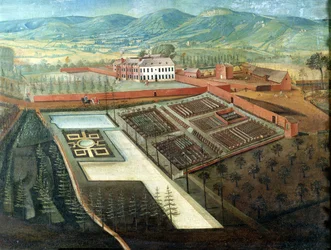 Gemüsegarten, Detail der Panoramaansicht von Charlton Park, ca. 1745 (Detail von 18136)